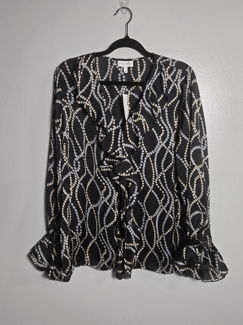 Fashion Bug Vintage Y2K Ruffle V Neck Abstract Dot Flared Sleeve Blouse Top Sz L